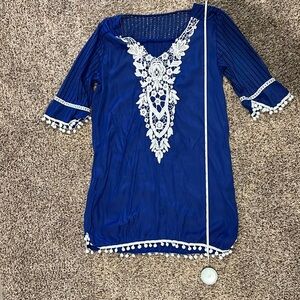 Blue Women's Swimsuit Cover Up with White Lace Detailing